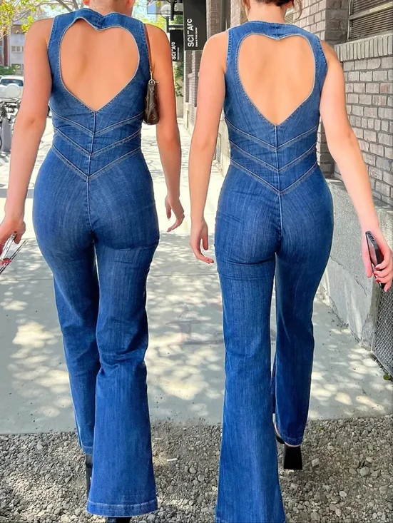 REVICE Indigo Blue Denim Flare Heart Jumpsuit - Picture 2 of 8